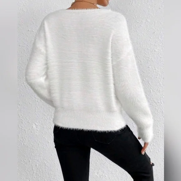 New Luxe Fluffy Knit V Neck Sweater Top White - Picture 5 of 8